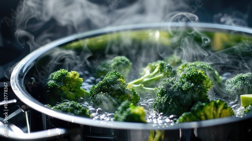 Broccoli pieces in a stainless steel cooking pot with boiling water and steam on a black cooktop preparing a healthy vegetable meal copy space selected focus narrow depth of field