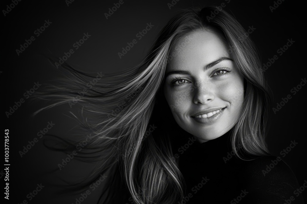 face expressed, hair in motion against stark black backdrop