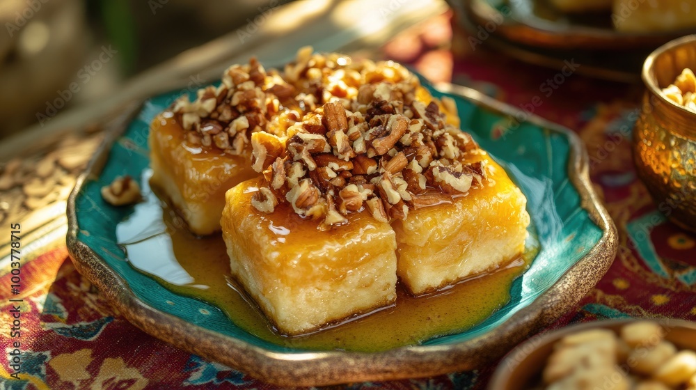 Delicious Dessert with Nuts and Syrup on a Plate Delicious Dessert with Nuts and Syrup on a Plate