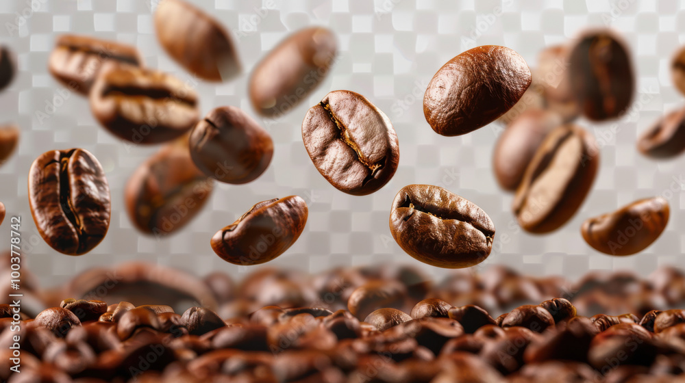 Falling coffee beans close-up, flying coffee beans over dark background Falling coffee beans close-up, flying coffee beans over dark background