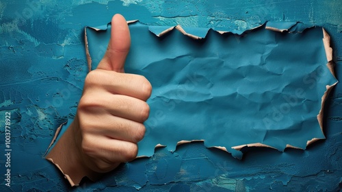 Thumb up happy smiling face positive hand gesture approval or agreement optimism and emotion blue torn paper photo