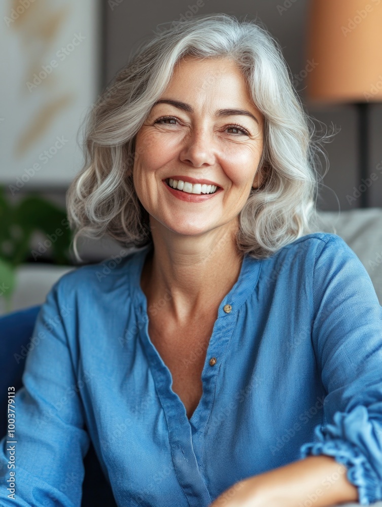 Happy Woman Smiling in Blue Shirt Happy Woman Smiling in Blue Shirt