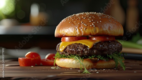 A delicious cheeseburger with a juicy beef patty and a ripe tomato slice on top ready to be savored photo