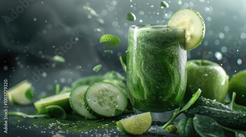 Green smoothie of spinach Apple cucumber and lime Diet drink A healthy diet photo