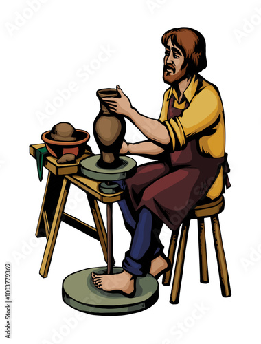 Vector drawing. Potter makes a jug