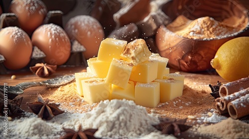 Butter cubes and baking ingredients flour butter spices eggs sugar photo