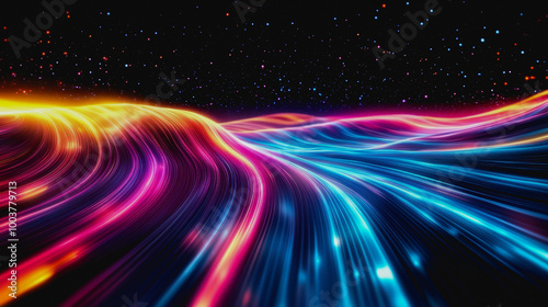 Futuristic neon waves and glowing particles in a surreal, cosmic dreamscape of digital energy