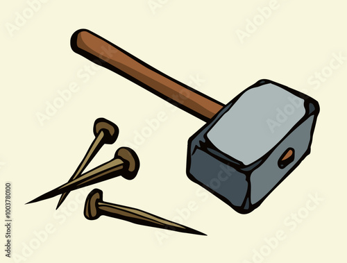 Vector drawing. Hammer and nails