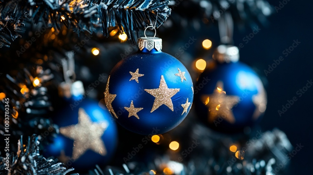blue christmas ornaments with golden stars on a black background, highlighting the elegance of festive decorations for new year and christmas celebrations, captured blue christmas ornaments with golden stars on a black background, highlighting the elegance of festive decorations for new year and christmas celebrations, captured