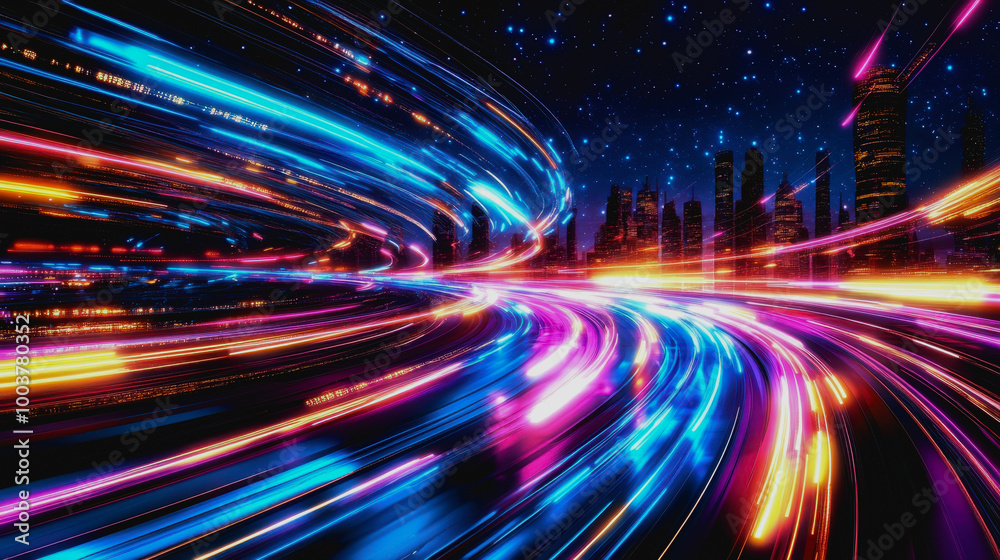Vibrant futuristic twilight scene with satellite, light beams, and a starry sky Vibrant futuristic twilight scene with satellite, light beams, and a starry sky
