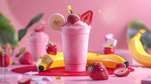 Advertising podium photo of a fruit shake cup without a handle inside a milk based strawberry banana date shake fruit photo