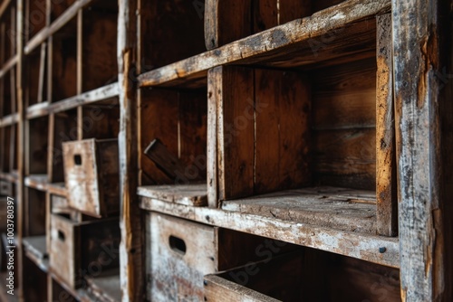 Derelict Dusty Wooden Bookshelves: Vintage Storage Space