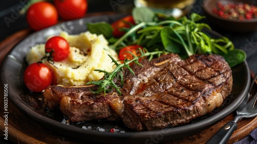 NZ ribeye steak pan seared to medium rare accompanied with real country creamy mashed potato cherry tomatoes on vine garden mesclun salad