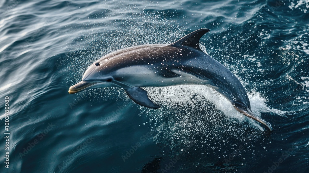 Naklejka premium A dolphin leaps out of the water. The photo captures the dolphin's graceful movement and the spray of water created by its jump.