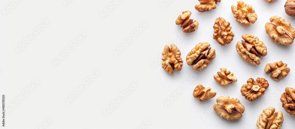 Walnut kernels on a white background Walnuts positioned at the edge of the image with copyspace for text Walnut kernels on a white background Walnuts positioned at the edge of the image with copyspace for text