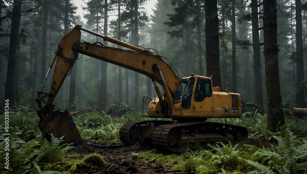 A tranquil forest scene disrupted by heavy machinery, showcasing the tension between nature and industrial development. A tranquil forest scene disrupted by heavy machinery, showcasing the tension between nature and industrial development.