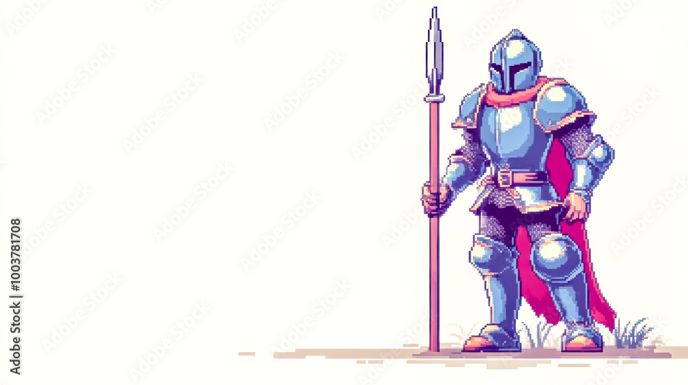 Fototapeta premium Pixel art knight standing guard with spear