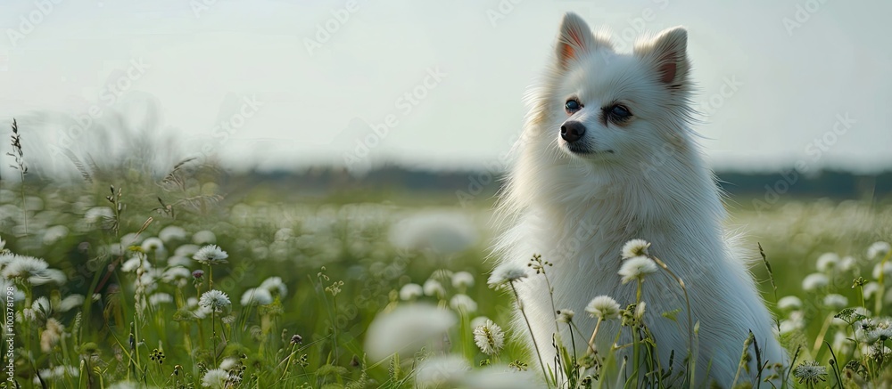 Fototapeta premium German Spitz dog with white fur in a meadow setting with copy space image