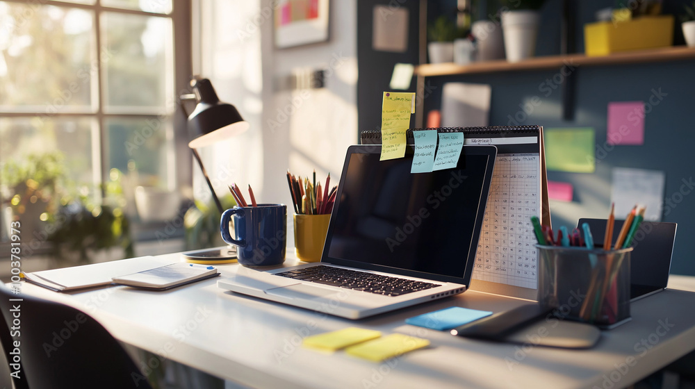 The workspace features a laptop, sticky notes, a calendar, stationery, and a mug of coffee, symbolizing an efficient home office environment. The workspace features a laptop, sticky notes, a calendar, stationery, and a mug of coffee, symbolizing an efficient home office environment.