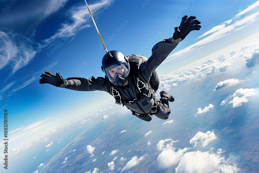 Parachutist with parachute makes heavenly adventure against backdrop of landscape Parachutist with parachute makes heavenly adventure against backdrop of landscape