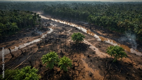A vast Amazon rainforest showing deforested areas with scorched earth and fleeing wildlife, representing environmental destruction.