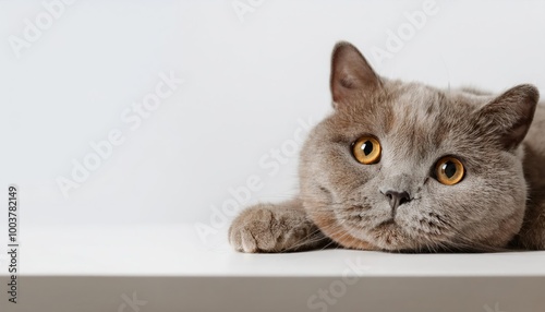 British Shorthair gray cat lying on white table. Looking at copy-space. Banner