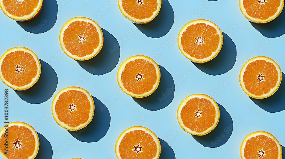 Orange Slices Pattern on a Blue Background: Fresh and Vibrant Orange Slices Pattern on a Blue Background: Fresh and Vibrant