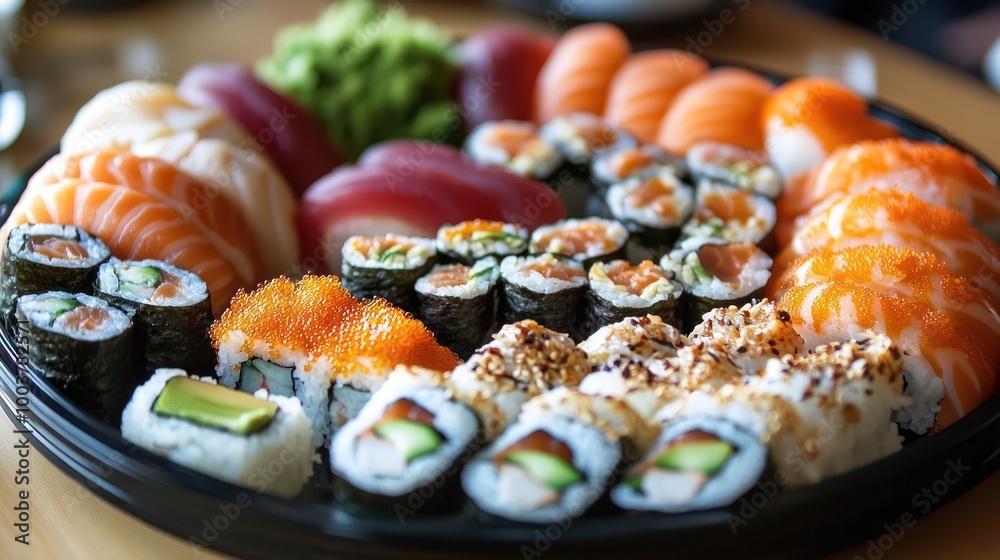 A large platter of assorted sushi, including nigiri, maki, and sashimi. A large platter of assorted sushi, including nigiri, maki, and sashimi.