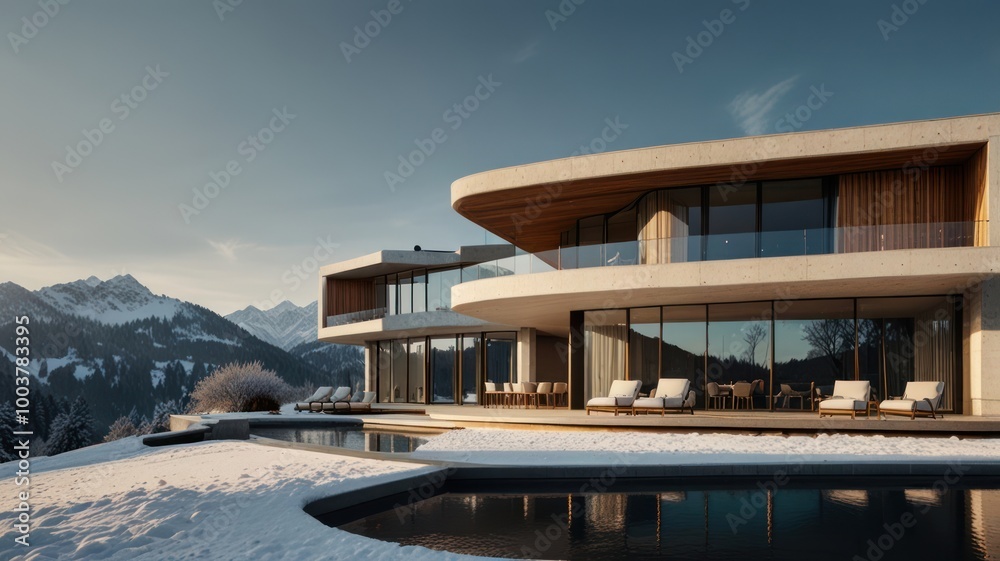 Fototapeta premium Modern architecture house with large windows overlooking snowy mountain range.