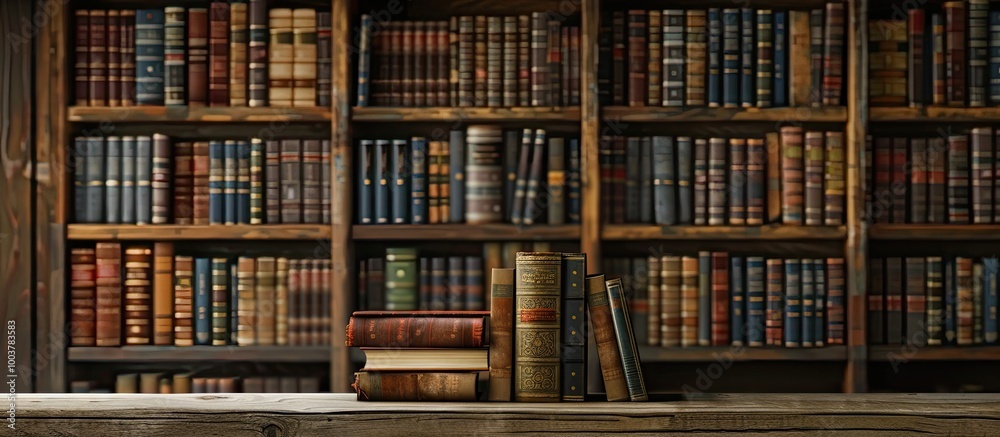 Numerous books in a bookstore or library set against a wooden background with copy space Numerous books in a bookstore or library set against a wooden background with copy space