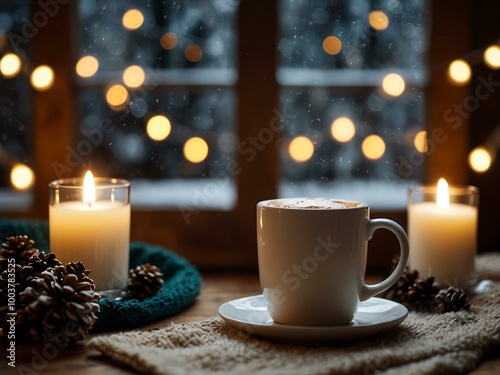 A warm winter coffee moment surrounded by cheerful decorations and lights.