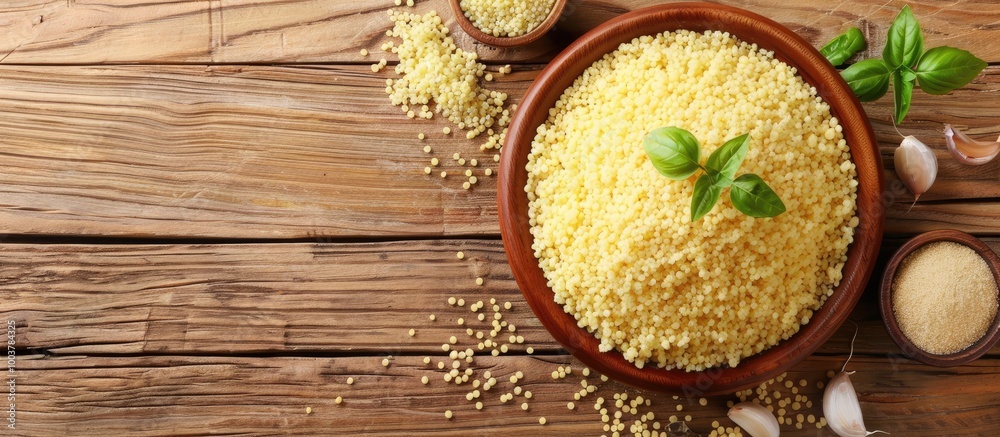 Delicious couscous and ingredients arranged on a wooden table top view Copyspace available