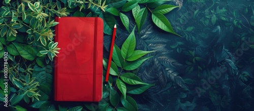 Smartphone and green foliage red notebook pencil top view. Copy space image. Place for adding text and design photo