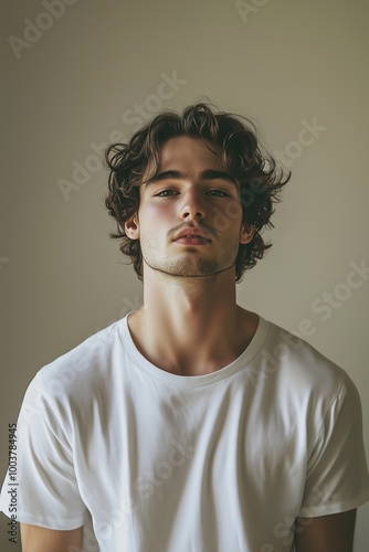 Casual portrait of a young man with curly hair against a neutral background in soft light