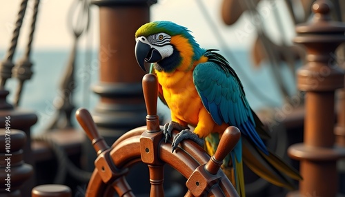 A bright macaw parrot sits curiously on the steering wheel on a blurred background