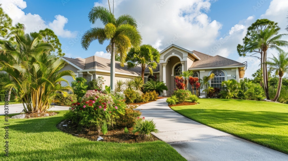 Florida Lifestyle: Tropical Luxury Home in Countryside with Palm Trees and Pine Landscaping Florida Lifestyle: Tropical Luxury Home in Countryside with Palm Trees and Pine Landscaping