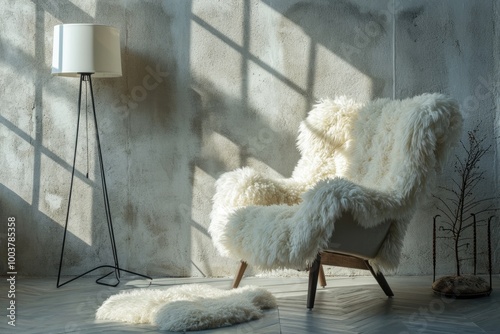 Fluffy Elegance: Modern Living Room Interior with Fur Armchair and Unique Floor Lamp photo