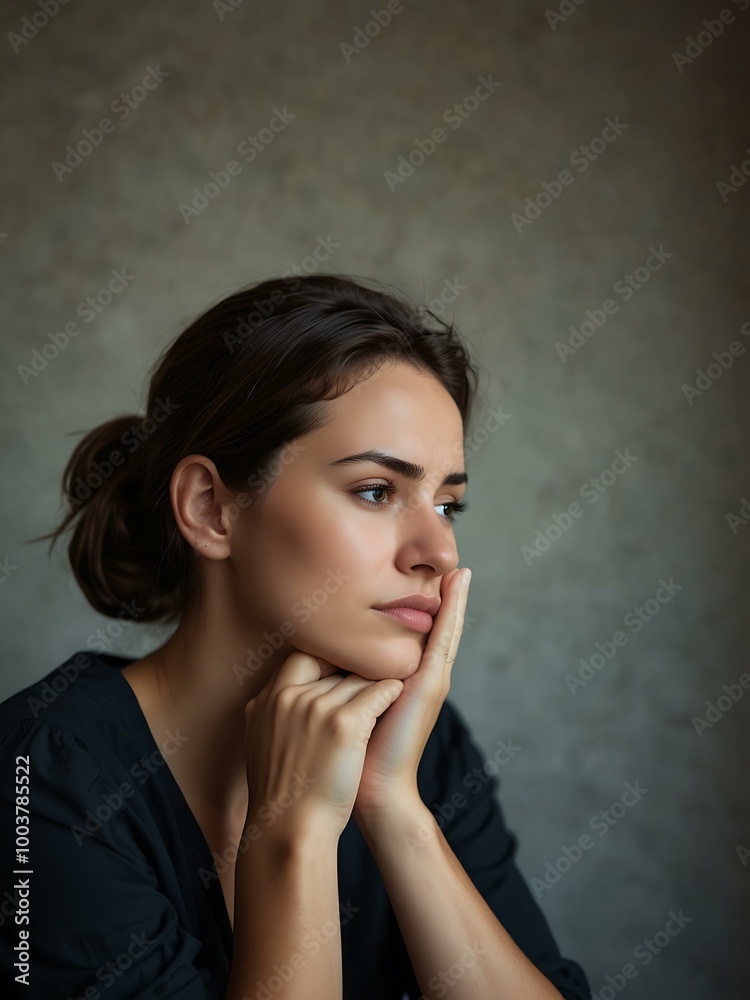 A woman showing stress with her hand on her forehead, deep in thought. A woman showing stress with her hand on her forehead, deep in thought.