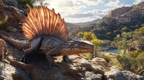 A large, reptilian creature with a prominent fin stands on a rocky outcrop, gazing out over a lush valley.