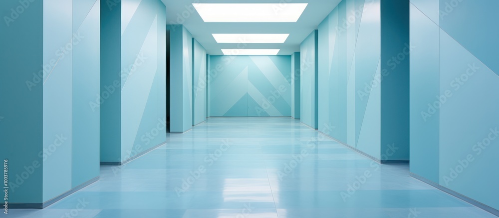 Obraz premium blue square wall and floor corridor lift walk way dead end hall room lamp light reflection geometric blue graffiti decoration interior