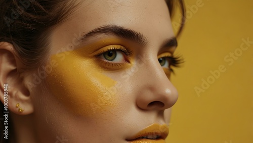 A woman’s eye features yellow makeup against a yellow backdrop.