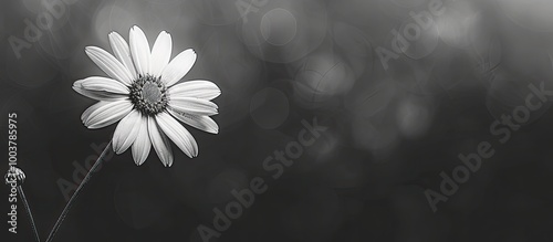 Macro close up of a daisy head flower with a blurred background isolated in black and white featuring a creative floral springtime theme. Copy space image. Place for adding text and design photo