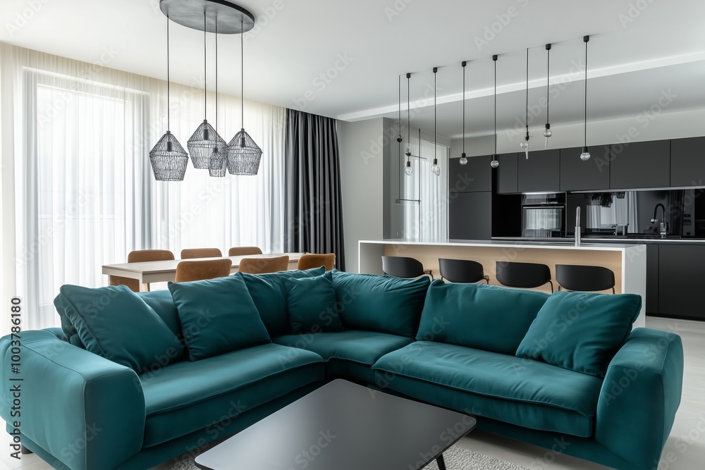 Blue Lounger Sofa in modern living room, Elegant Living room interior with open plan kitchen Blue Lounger Sofa in modern living room, Elegant Living room interior with open plan kitchen