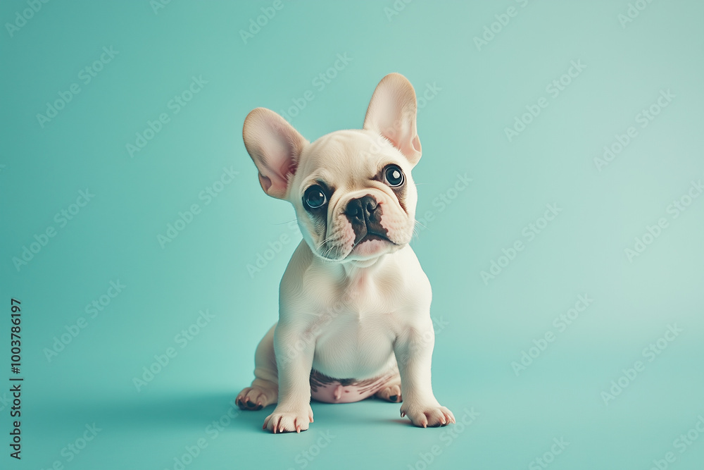 A tiny French Bulldog with big eyes sitting on a pastel blue background A tiny French Bulldog with big eyes sitting on a pastel blue background