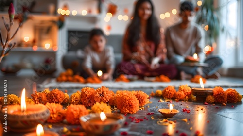 Diwali Decoration: Bright Marigold Flowers and Glowing Candles Illuminating Indian Traditions photo