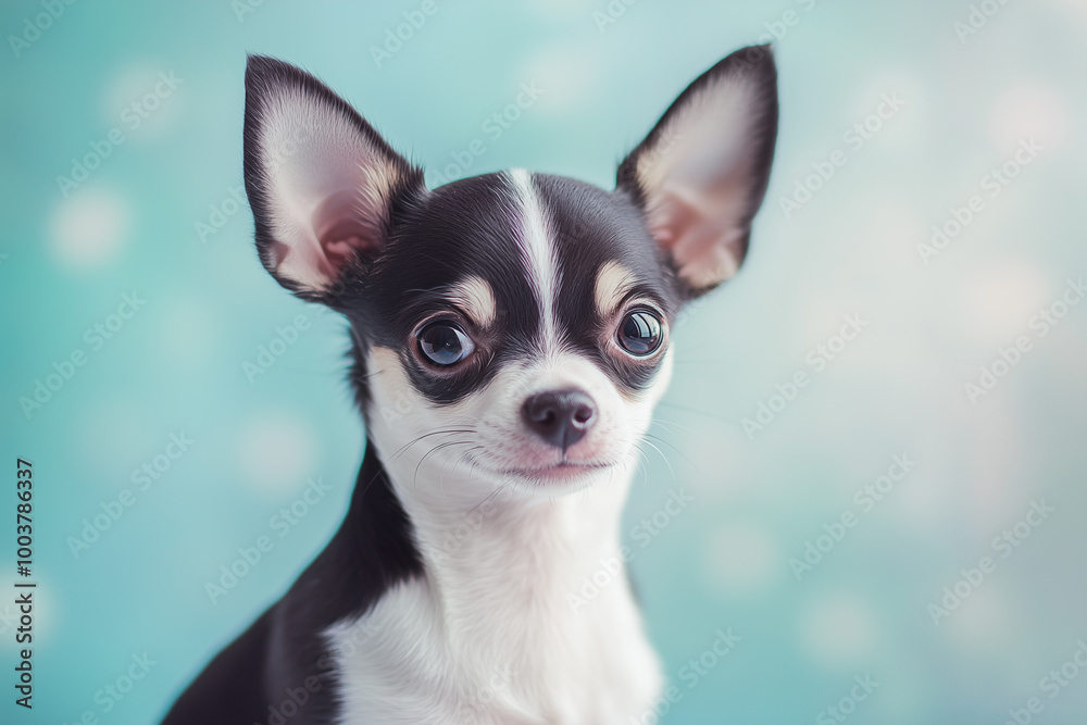 A tiny Yorkshire Terrier sitting on a simple pastel grey background A tiny Yorkshire Terrier sitting on a simple pastel grey background