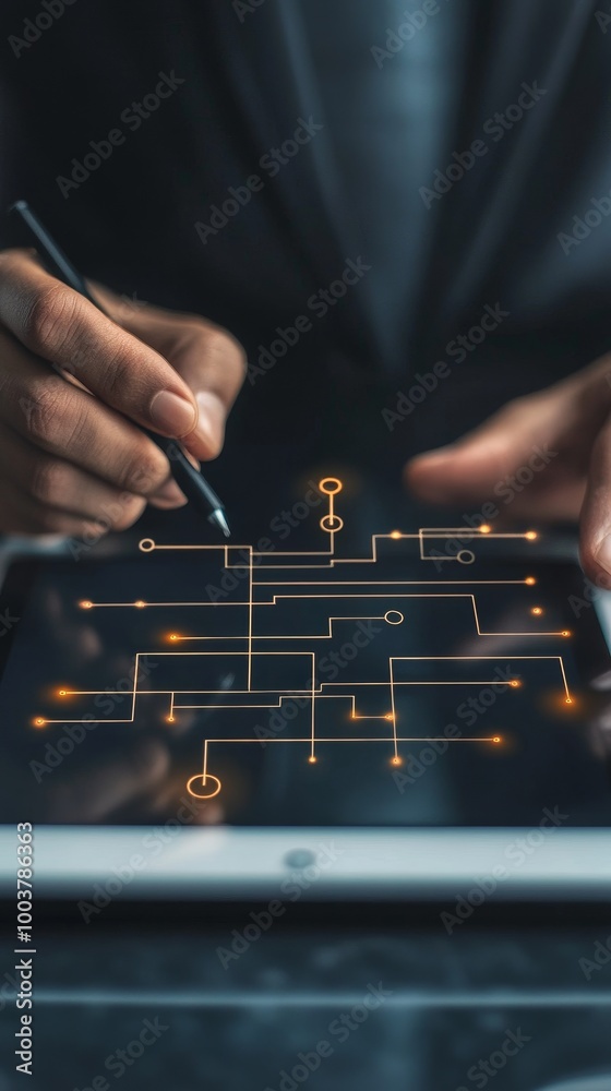 Close-Up of Hand Drawing Flowchart on Tablet