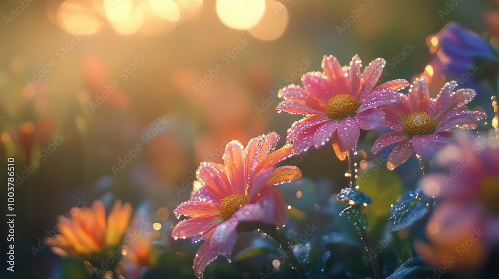 Dewy Pink Flowers in Morning Light Dewy Pink Flowers in Morning Light