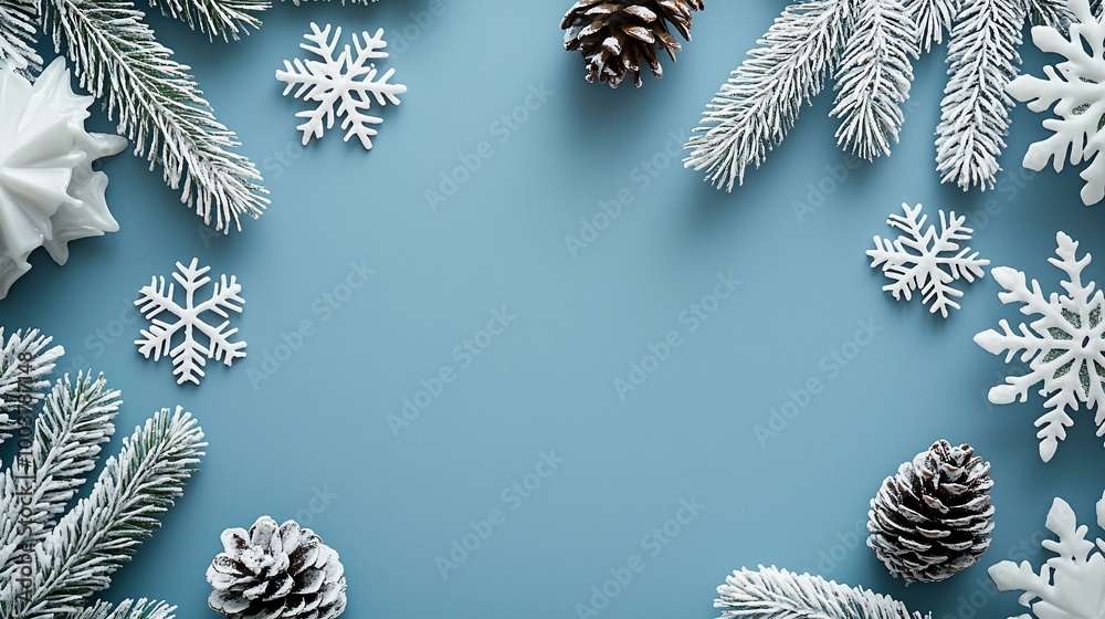Festive Winter Decor: A Charming Display of Pine Cones and Snowflakes on a Soft Blue Background Festive Winter Decor: A Charming Display of Pine Cones and Snowflakes on a Soft Blue Background