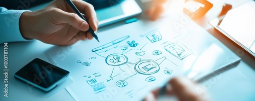 Hands drawing business strategy diagram